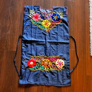 Traditional Mexican Sleeveless Mini Dress with Handmade Embroidery. Denim Dress